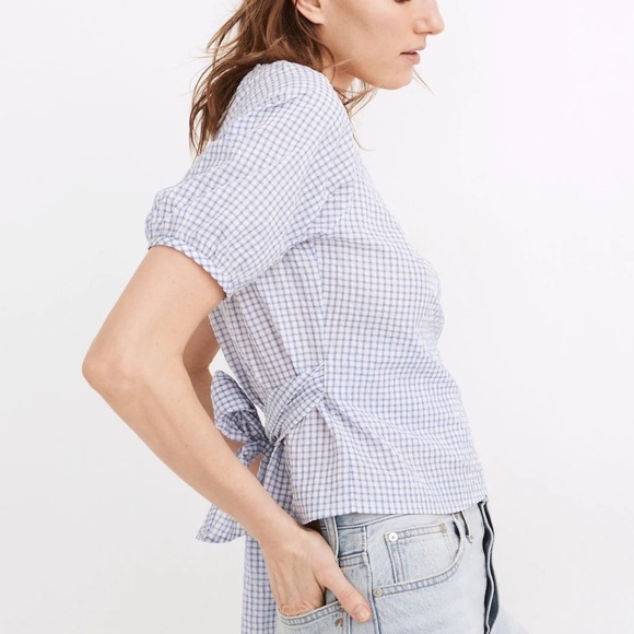 Madewell | Gingham Seersucker Puff-Sleeve Wrap Crop Top - Picture 8 of 8